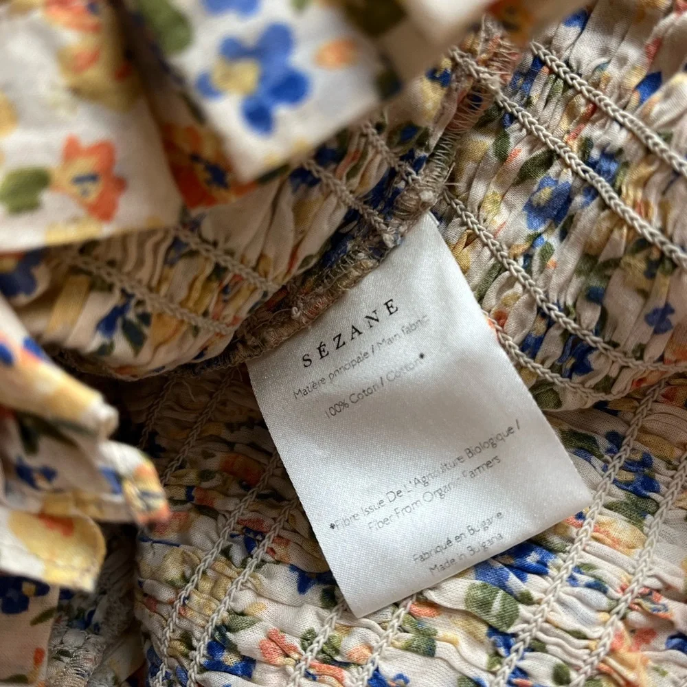Sezane Floral Smocked Puff-Sleeve Crop Top in Yellow and Blue - Picture 6 of 7